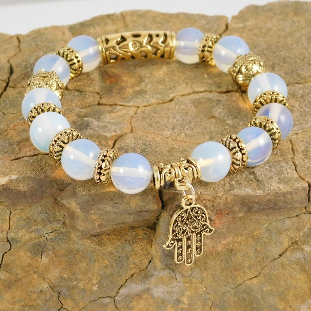 Moonstone & Gold Tibetan Beaded Fatima Bracelet